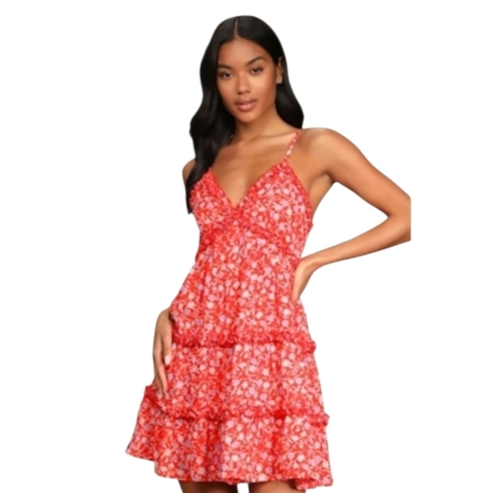 NWT Lulu's Red Floral Ruffled Tiered Mini Dress